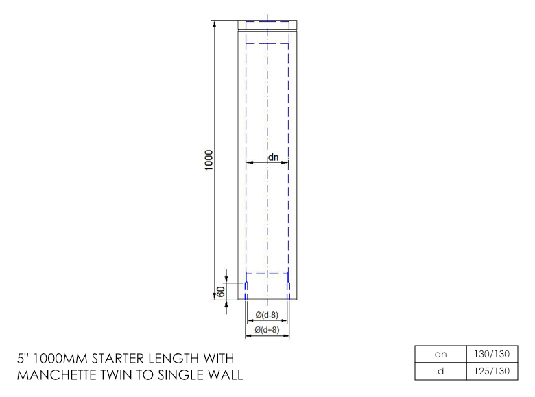 DTW 1000mm Starter Length with Built in Standard Adapter 5 Inch SS