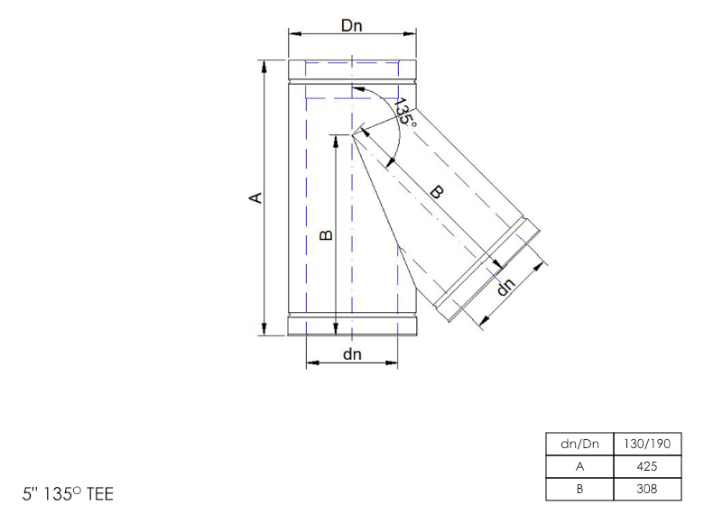 DTW 135 Degree Short Tee 5 Inch SS