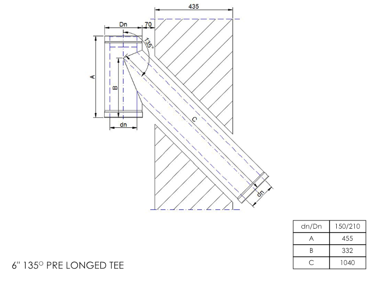 DTW 135 Degree 990mm Pre Longed Tee 6 Inch SS
