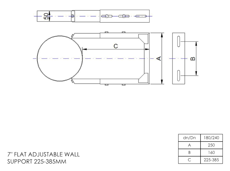 DTW 225 - 385mm Adjustable Wall Bracket 7 Inch SS