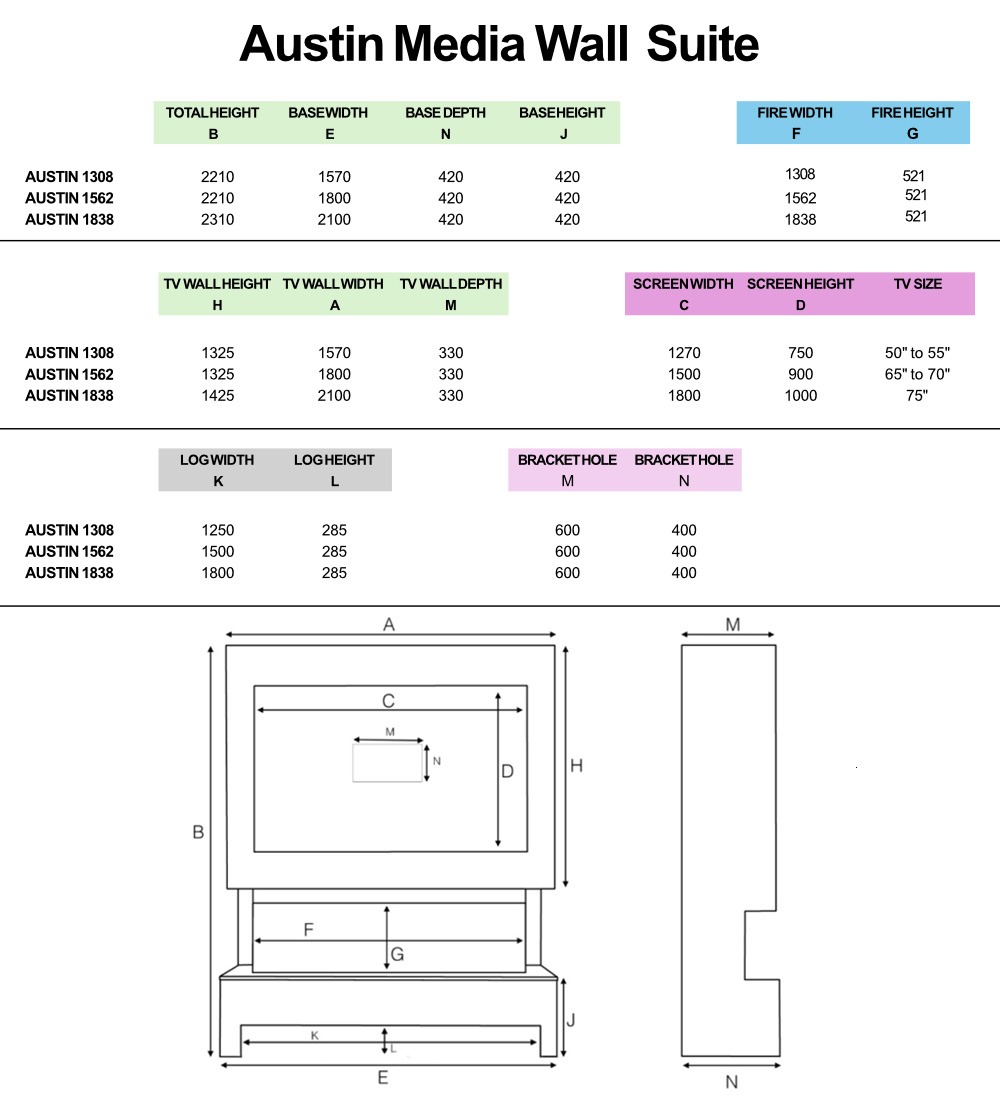 Hestia 1562 Electric Fire & Austin 1562 Media Wall Package